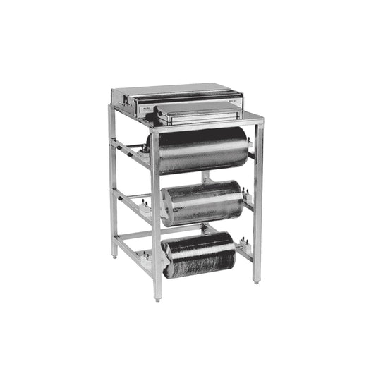 104A Alfaco Heat Seal Freestanding Food Wrapper, Comes With Three Roll Stand Unit, Axle, Hot Plate With Non-stick and Replaceable Cover and Large Rubber Feet for Stability - Hot Plate Size: 8” X 15”, Dimensions: 26” D x 25” W x 38” H, Max Film Width: 20”