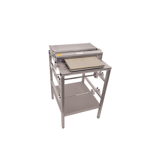 107A Alfaco Heat Seal Wrapper Floor Model Comes With Triple Roll Holders, Axles, Hot Plate With Non-stick and Replaceable Cover and Large Rubber Feet for Stability - Hot Plate Size: 8” X 15”, Dimensions: 26”D X 23”W X 38”H, Max Film Width: 18”
