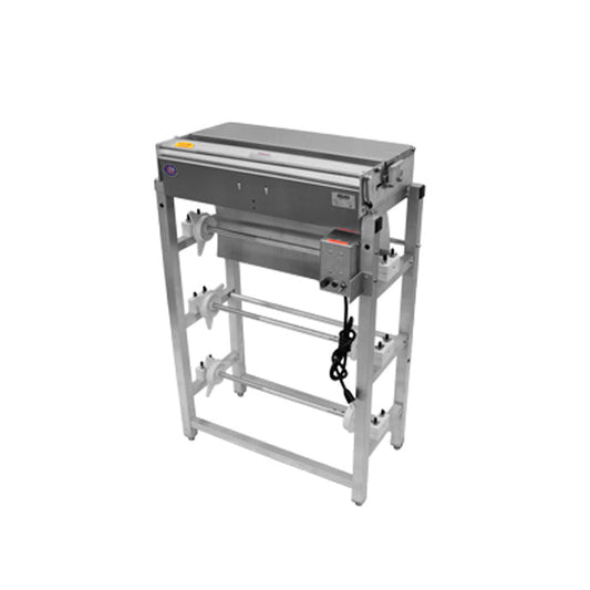 112B Alfaco Heat Seal Wrapper Floor Model Comes With Triple Roll Holders, Axles, Hot Plate With Non-stick and Replaceable Cover and Large Rubber Feet for Stability - Hot Plate Size: 6” X 15”, Dimensions: 12.5” D x 25” W x 37”H, Max Film Width: 20”