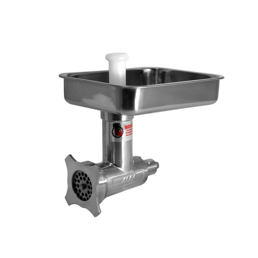 12 SS CCA Alfaco Stainless Meat Chopper/Grinder Attachment Designed to Fit #12 Standard Power Hub Base or Power Drive Mixer, With Pan, Stomper, 2 Plates, Grinder Knife, Cylinder, Ring, Worm and Stuffing Tube - Plates Sizes: 5/16” and 1/4”, Tube Size: 3/4”