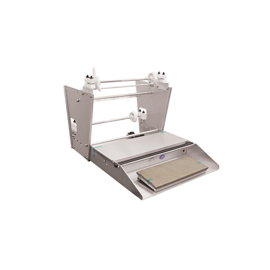 825A Alfaco Heat Seal Table Top Wrapper, Comes With Large Rubber Feet for Stability, Heavy Gauge Aluminum Base and Thermostatically Controlled Hot Plate With Replaceable Non-stick Cover - Hot Plate Size: 6” X 15”, No. Of Rolls: 2, Max Film Width: 18”
