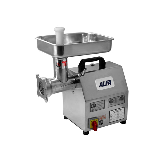 AMG-12 Alfaco ALFA 1HP #12 Meat Grinder for Commercial Use With Motor Overload Safety and Reverse Switch, Comes With Grinder Head, Cylinder, Ring, Worm, Pan, Knives, Sausage Stuffing Tube, Meat Stomper and Grinding Plates - Plates Sizes: 1/4" and 5/16”