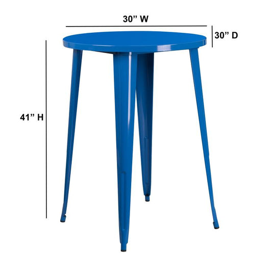 CH-51090-40 Flash FurniturePhilip Commercial Grade 30" Round Blue Metal Indoor-Outdoor Bar Height Table Designed for Commercial and Residential Use with Protective Rubber Floor Glides Weight Capacity: 300 lbs, Seating Capacity: 3 Count