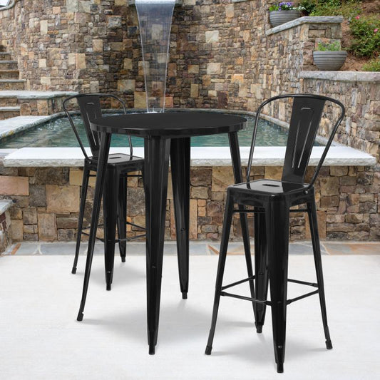 CH-51090BH-2-30CAFE-WH-GG Flash Furniture Caron Commercial Grade 30" Round Black Metal Indoor-Outdoor Bar Table Set Designed for Commercial and Residential Use with  2 Cafe Stools and Protective Rubber Floor Glides 500 lb. Weight Capacity, Base Size: 26"W