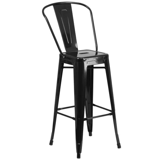 CH-51090BH-2-30CAFE-WH-GG Flash Furniture Caron Commercial Grade 30" Round Black Metal Indoor-Outdoor Bar Table Set Designed for Commercial and Residential Use with  2 Cafe Stools and Protective Rubber Floor Glides 500 lb. Weight Capacity, Base Size: 26"W