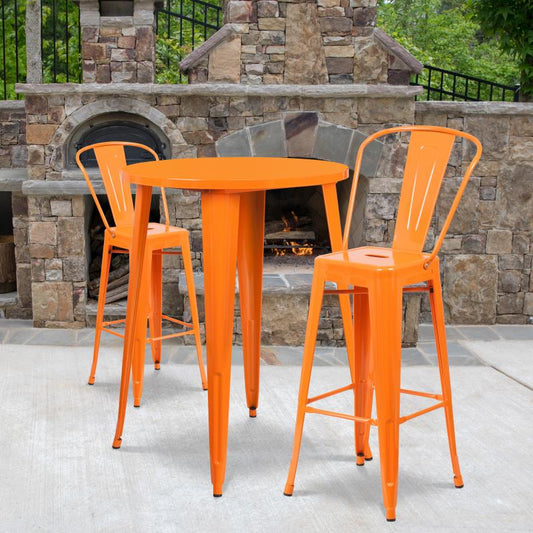 CH-51090BH-2-30CAFE-WH-GG Flash Furniture Caron Commercial Grade 30" Round Orange Metal Indoor-Outdoor Bar Table Set Designed for Commercial and Residential Use with 2 Cafe Stools and Protective Rubber Floor Glides 500 lb. Weight Capacity, Base Size: 26"W