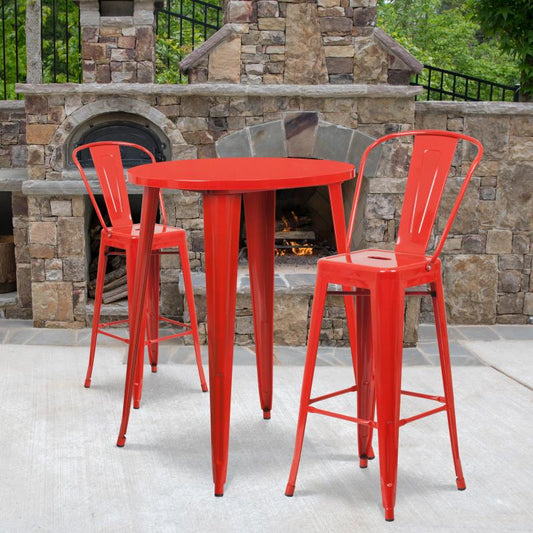 CH-51090BH-2-30CAFE Flash Furniture Caron Commercial Grade 30" Round Red Metal Indoor-outdoor Bar Table Set Designed For Commercial And Residential Use With  2 Cafe Stools And Protective Rubber Floor Glides 500 Lb. Weight Capacity, Base Size: 26"W