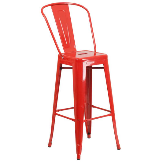 CH-51090BH-2-30CAFE Flash Furniture Caron Commercial Grade 30" Round Red Metal Indoor-outdoor Bar Table Set Designed For Commercial And Residential Use With  2 Cafe Stools And Protective Rubber Floor Glides 500 Lb. Weight Capacity, Base Size: 26"W
