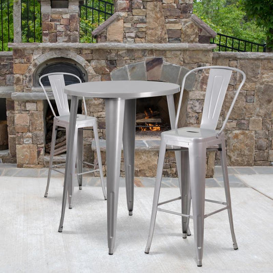 CH-51090BH-2-30CAFE-WH-GG Caron Commercial Grade 30" Round Silver Metal Indoor-Outdoor Bar Table Set Designed for Commercial and Residential Use with  2 Cafe Stools and Protective Rubber Floor Glides 500 lb. Weight Capacity, Base Size: 26"W