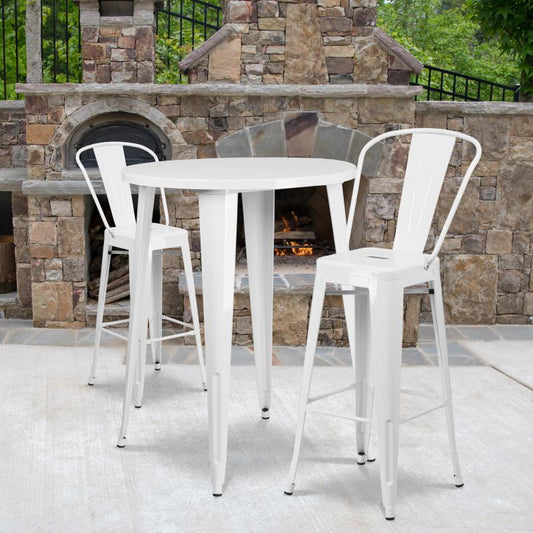CH-51090BH-2-30CAFE-WH-GG Flash Furniture Caron Commercial Grade 30" Round White Metal Indoor-Outdoor Bar Table Set Designed for Commercial and Residential Use with  2 Cafe Stools and Protective Rubber Floor Glides 500 lb. Weight Capacity, Base Size: 26"W