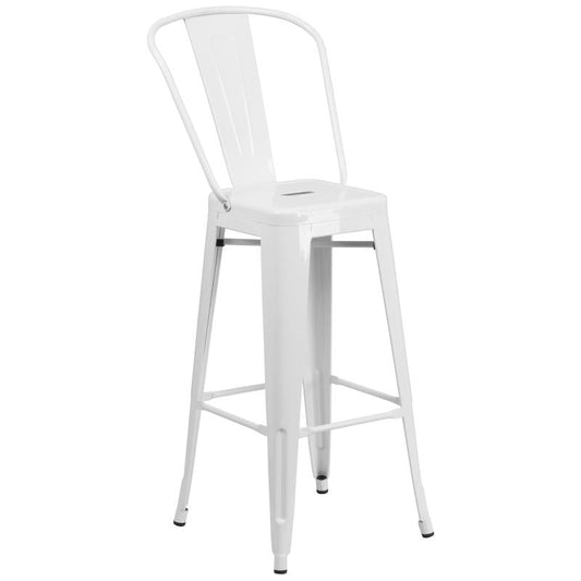 CH-51090BH-2-30CAFE-WH-GG Flash Furniture Caron Commercial Grade 30" Round White Metal Indoor-Outdoor Bar Table Set Designed for Commercial and Residential Use with  2 Cafe Stools and Protective Rubber Floor Glides 500 lb. Weight Capacity, Base Size: 26"W