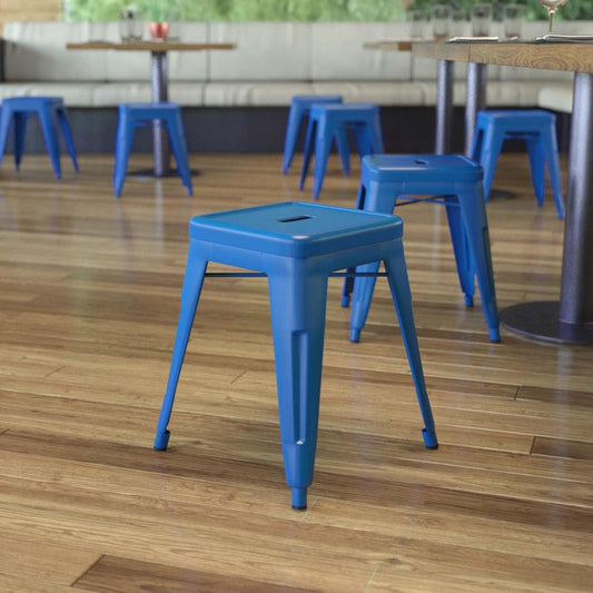 ET-BT3503 Flash Furniture Kai 18" Table Height Stool, Stackable Backless Metal Indoor Dining Stool, Commercial Grade Restaurant Stoo (Royal Blue) Set Of 4,  Features 1 Inch Thick Iron Frame For Durability / 15.75W x 15.75D x 18H,250 lbs Weight Capacity