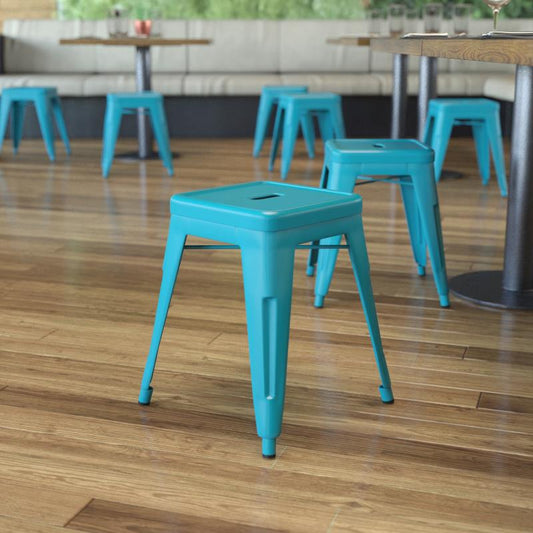 ET-BT3503 Flash Furniture Kai 18" Table Height Stool, Stackable Backless Metal Indoor Dining Stool, -teal-  (Set Of 4) Ideal For Modern Or Industrial Designs Features 1 Inch Thick Iron Frame For Durability / 15.75W x 15.75D x 18H,250 lbs Weight Capacity