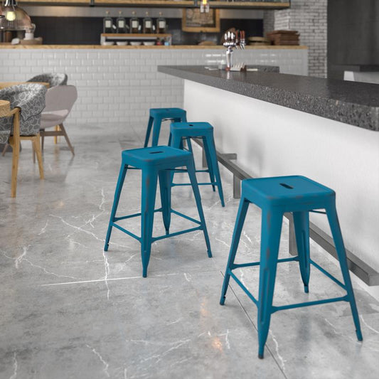 ET-BT3503 Flash Furniture Kai Commercial Grade 24" High Backless Distressed Antique Blue Metal Indoor-Outdoor Counter Height Stool For Commercial Use Features 12" Seat Width With Drain Hole To Assist With Drying / 16W x 16D x 24H, 500 lbs Weight Capacity