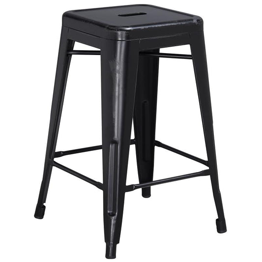 ET-BT3503 Flash Furniture Kai Commercial Grade 24" High Backless Distressed Black Metal Indoor-Outdoor Counter Height Stool For Commercial Use Features 12" Seat Width With Drain Hole To Assist With Drying / 16W x 16D x 24H, 500 lbs Weight Capacity