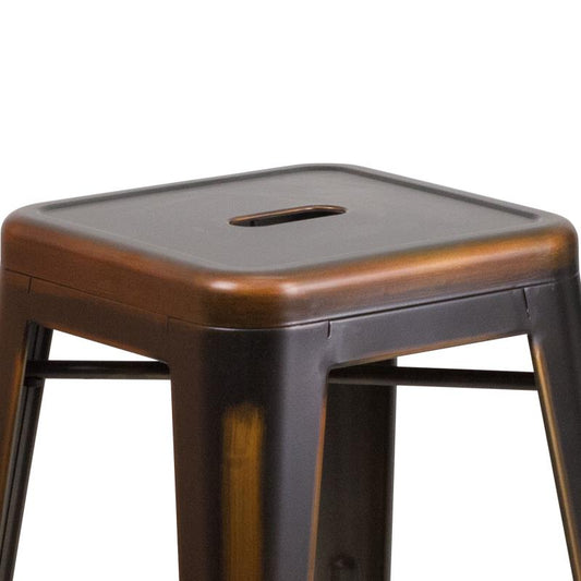 ET-BT3503 Flash Furniture Kai Commercial Grade 24" High Backless Distressed Copper Metal Indoor- Outdoor Counter Height Stool Rated For Commercial Use  Features 12" Seat Width With Drain Hole To Assist With Drying /16W x 16D x 24H, 500 lbs Weight Capacity