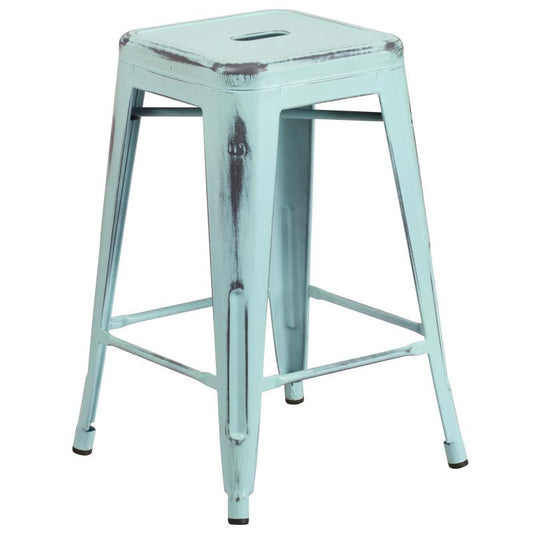 ET-BT3503 Flash Furniture Kai Commercial Grade 24" High Backless Distressed Green-Blue Metal Indoor-Outdoor Counter Height Stool For Commercial Use Features 12" Seat Width With Drain Hole To Assist With Drying /16W x 16D x 24H, 500 lbs Weight Capacity