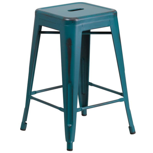 ET-BT3503 Flash Furniture Kai Commercial Grade 24" High Backless Distressed Kelly Blue-Teal Metal Indoor-Outdoor Counter Height Stool For Commercial Use Features 12" Seat Width With Drain Hole To Assist With Drying/16W x 16D x 24H, 500 lbs Weight Capacity