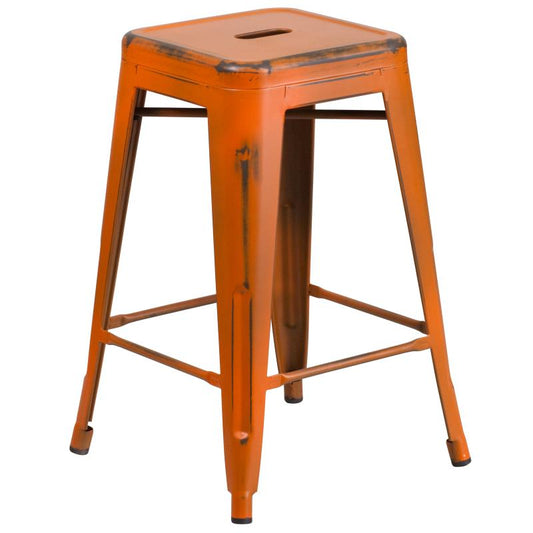 ET-BT3503 Flash Furniture Kai Commercial Grade 24" High Backless Distressed Orange Metal Indoor-Outdoor Counter Height Stool For Commercial Use Features 12" Seat Width With Drain Hole To Assist With Drying / 16W x 16D x 24H, 500 lbs Weight Capacity