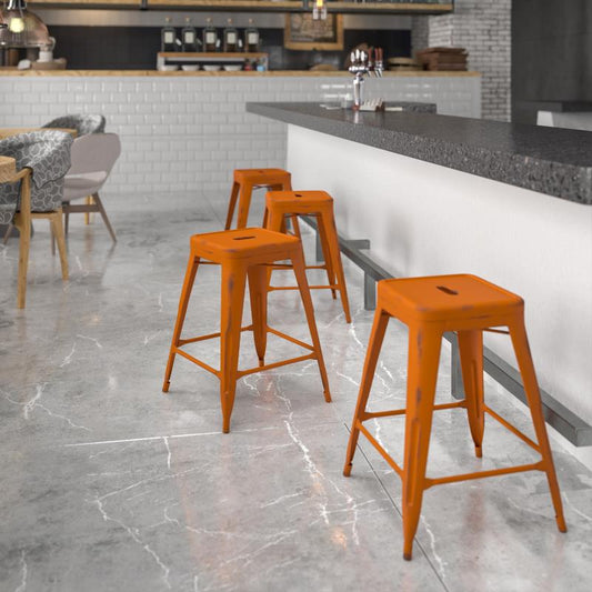 ET-BT3503 Flash Furniture Kai Commercial Grade 24" High Backless Distressed Orange Metal Indoor-Outdoor Counter Height Stool For Commercial Use Features 12" Seat Width With Drain Hole To Assist With Drying / 16W x 16D x 24H, 500 lbs Weight Capacity
