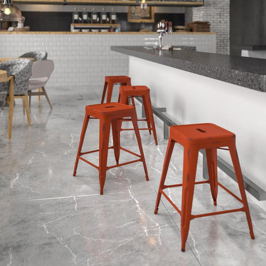 ET-BT3503 Flash Furniture Kai Commercial Grade 24" High Backless Distressed Kelly Red Metal Indoor-Outdoor Counter Height Stool For Commercial Use Features 12" Seat Width With Drain Hole To Assist With Drying /16W x 16D x 24H, 500 lbs Weight Capacity