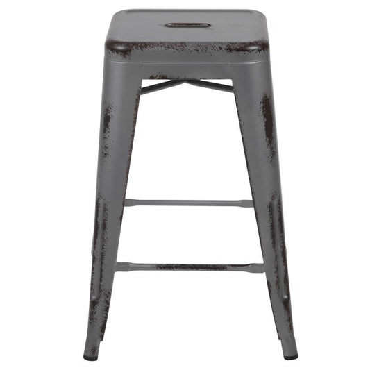 ET-BT3503 Flash Furniture Kai Commercial Grade 24" High Backless Distressed Silver Gray Metal Indoor-Outdoor Counter Height Stool For Commercial Use Features 12" Seat Width With Drain Hole To Assist With Drying / 16W x 16D x 24H, 500 lbs Weight Capacity