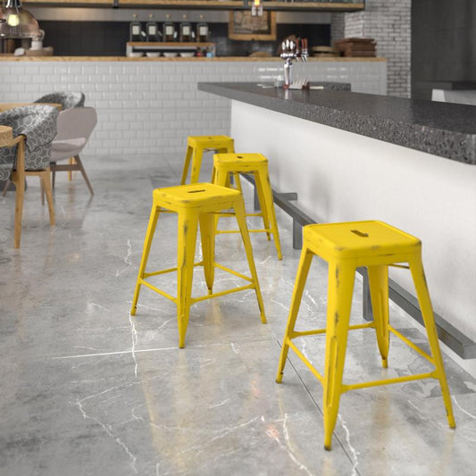 ET-BT3503 Flash Furniture Kai Commercial Grade 24" High Backless Distressed Yellow Metal Indoor- Outdoor Counter Height Stool Rated For Commercial Use Made Of Distressed Yellow Powder Coated Frame Finish / 16W x 16D x 24H, 500 lbs Weight Capacity