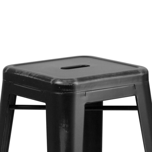 ET-BT3503 Flash Furniture Kai Commercial Grade 30" High Backless Distressed Black Metal Indoor-outdoor Barstool Rated For Commercial Use Features 12" Seat Width With Drain Hole To Assist With Drying / 17W x 17D x30H, 500 lbs Weight Capacity