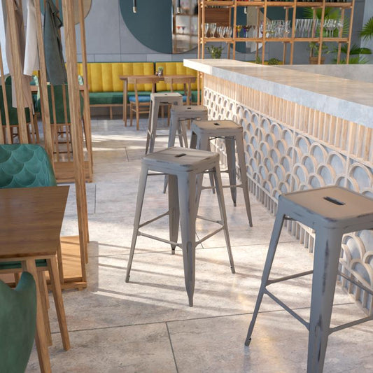 ET-BT3503 Flash Furniture Kai Commercial Grade 30" High Backless Distressed Silver Gray Metal Indoor-outdoor Barstool Designed For Commercial Use, Features 12" Seat Width With Drain Hole To Assist With Drying / 17W x 17D x30H, 500 lbs Weight Capacity