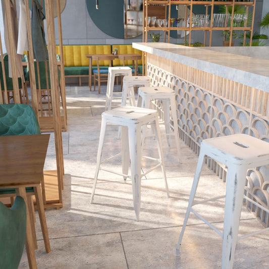 ET-BT3503  Flash Furniture Kai Commercial Grade 30" High Backless Distressed White Metal Indoor- Outdoor Barstool Rated For Commercial Use Features 12" Seat Width With Drain Hole To Assist With Drying / 17W x 17D x30H, 500 lbs Weight Capacity