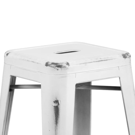 ET-BT3503  Flash Furniture Kai Commercial Grade 30" High Backless Distressed White Metal Indoor- Outdoor Barstool Rated For Commercial Use Features 12" Seat Width With Drain Hole To Assist With Drying / 17W x 17D x30H, 500 lbs Weight Capacity