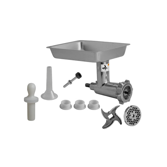 MC-12 HEAD Alfaco ALFA Stainless Steel Meat Grinder Head Fits Most #12 Hubs on Mixers, Power Drives and Power Bases - With Head, Worm, Pan, #12 Meat Grinder Knife, 1/8" and 3/16” #12 Grinding Plates, 5/8″ Sausage Stuffing Tube and Safety Meat Stomper