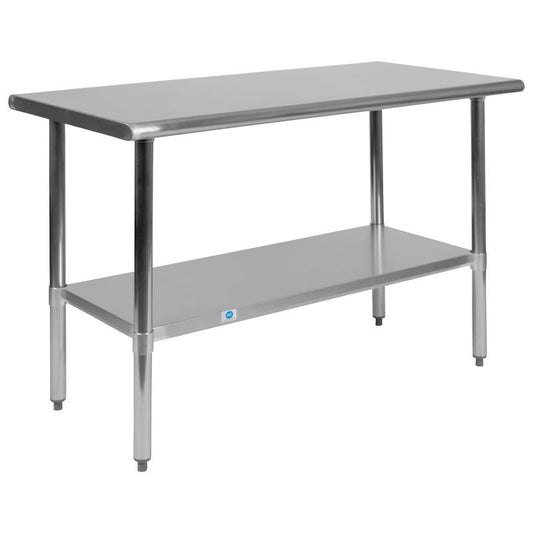NH-WT-2448-GG Flash Furniture Stainless Steel 18 Gauge Prep And Work Table With Undershelf (Nsf Certified) For Commercial Kitchen Use Made Of 18 Gauge Steel Table Holds Up To 600 Pounds, Undershelf Holds Up To 200 Pounds / 48"W x 24"D x 34.5"H