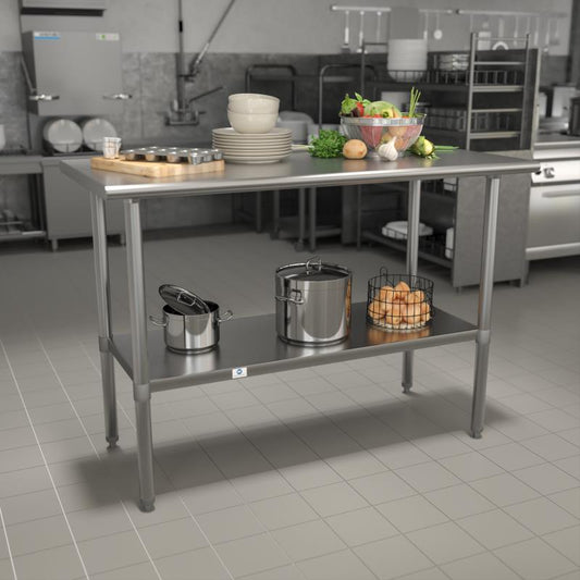 NH-WT-2448-GG Flash Furniture Stainless Steel 18 Gauge Prep And Work Table With Undershelf (Nsf Certified) For Commercial Kitchen Use Made Of 18 Gauge Steel Table Holds Up To 600 Pounds, Undershelf Holds Up To 200 Pounds / 48"W x 24"D x 34.5"H