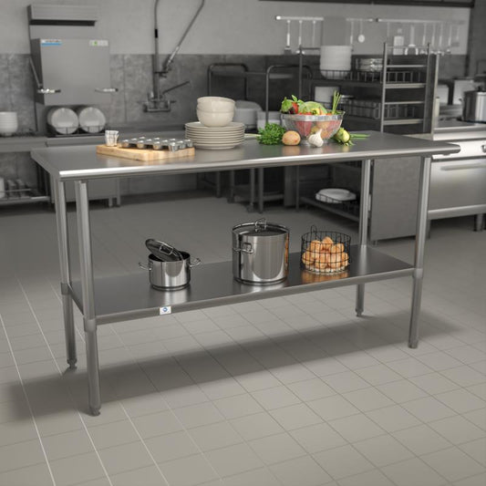 NH-WT-2460-GG Flash Furniture Stainless Steel 18 Gauge Prep And Work Table With Undershelf  (Nsf Certified) For Commercial Kitchen Use Made Of 18 Gauge Steel Table Holds Up To 600 Pounds, Undershelf Holds Up To 200 Pounds / 60"W x 24"D x 34.5"H