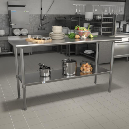 NH-WT-2460BSP-GG Flash Furniture Stainless Steel 18 Gauge Prep And Work Table W/ 1.5" Backsplash And Undershelf (Nsf Certified) For Commercial Kitchen Use 18 Gauge Steel Table Holds Up To 600 Pounds,undershelf Holds Up To 200 Pounds / 60"W x 24"D x 36"H