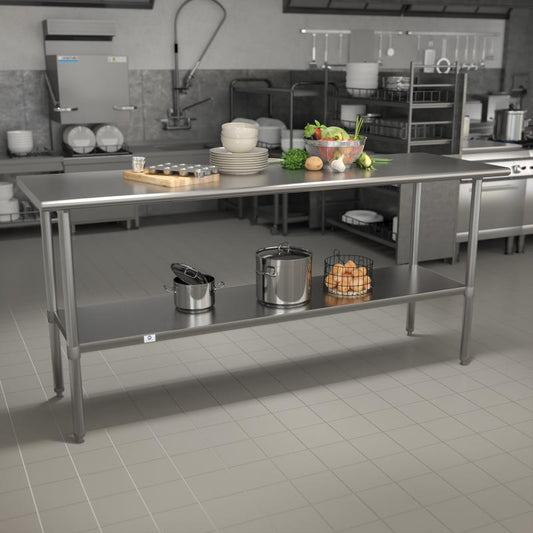 NH-WT-3072-GG Flash Furniture Stainless Steel 18 Gauge Prep And Work Table With Undershelf (Nsf Certified) For Commercial Kitchen Use Made Of 18 Gauge Steel Table Holds Up To 600 Pounds, Undershelf Holds Up To 200 Pounds / 72"W x 30"D x 34.5"H