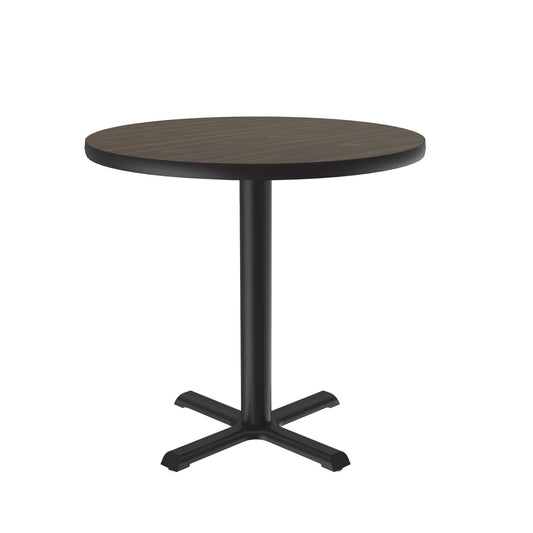 BXTR Correll Inc. Round Café & Breakroom Tables With 1 1/4” High Pressure Top, Cast Iron Base and Top Spider, 29” Standard Height, 3” Diameter Steel Column, X-Bases With Nylon Leveling Glides, Cube 1.65, 2.15, 3.05, 4.10, 5.10, High-Pressure Laminate