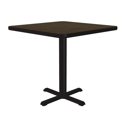 BXTTFS Correll Inc. Square Café & Breakroom Tables With 1 1/4” Two Sided Thermal Fused, Black T-Mold, Cast Iron X-Base and Top Spider, 3” Diameter Steel Column, Nylon Leveling Glides, Cube 1.65, 2.15, 3.05, 4.10, Thermal Fused Laminate